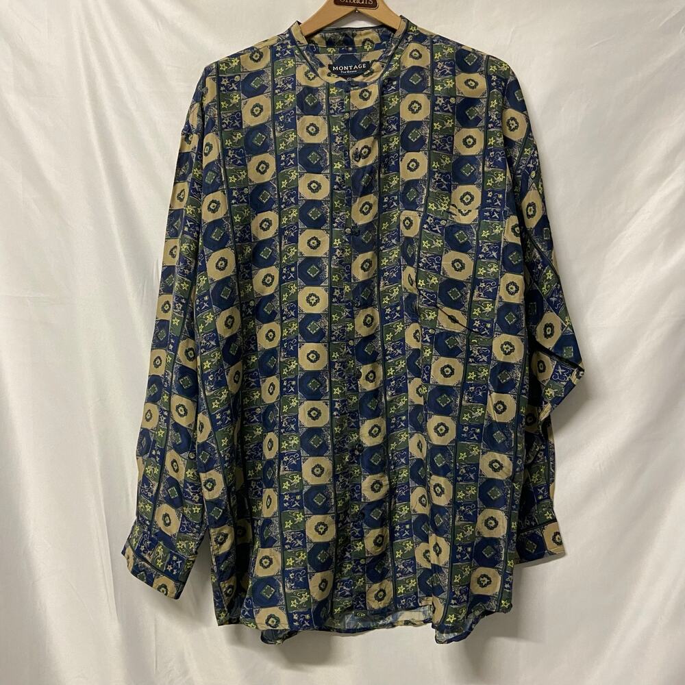 Montage Pour Homme 100% Silk Shirt Size L Vintage Long Sleeve Button Up
